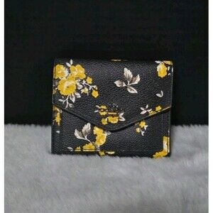 COACH Floral pattern Compact Wallet Black X Yellow